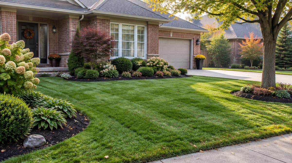 Freshly mowed striped front lawn with edged, mulched garden beds