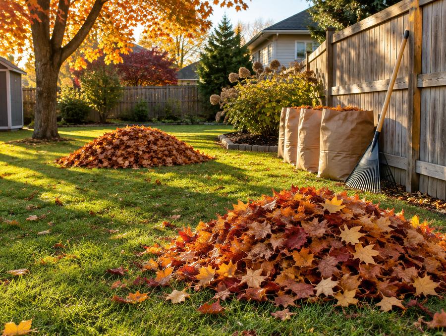 Raked piles of maple leaves and yard waste bags in a backyard