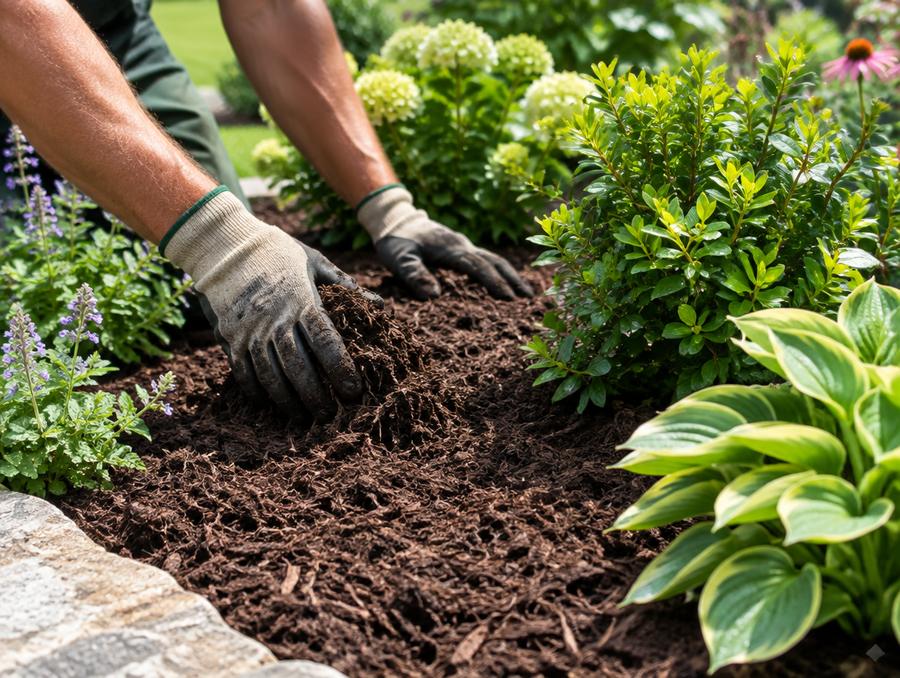Gloved hands spreading fresh dark mulch around shrubs in a garden bed