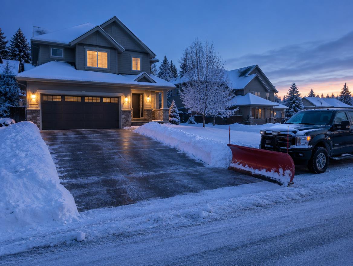 Driveway plowed clean at dawn after a snowfall, with a plow truck at the curb
