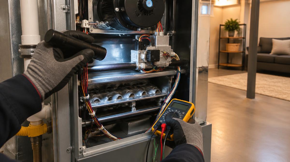 Technician testing an open gas furnace with a multimeter and flashlight