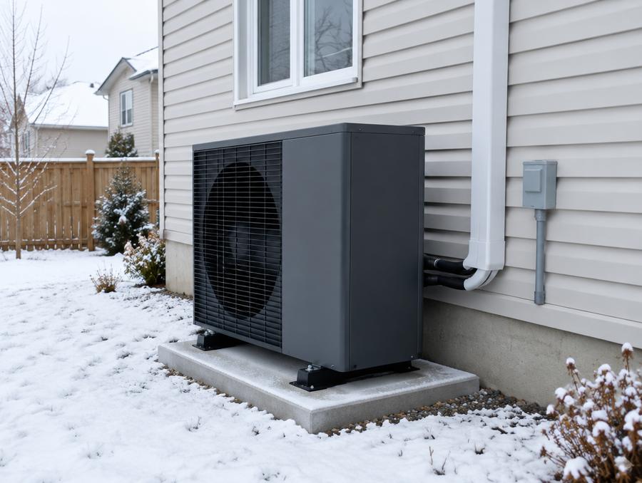 Cold-climate heat pump installed on a pad beside a house in the snow