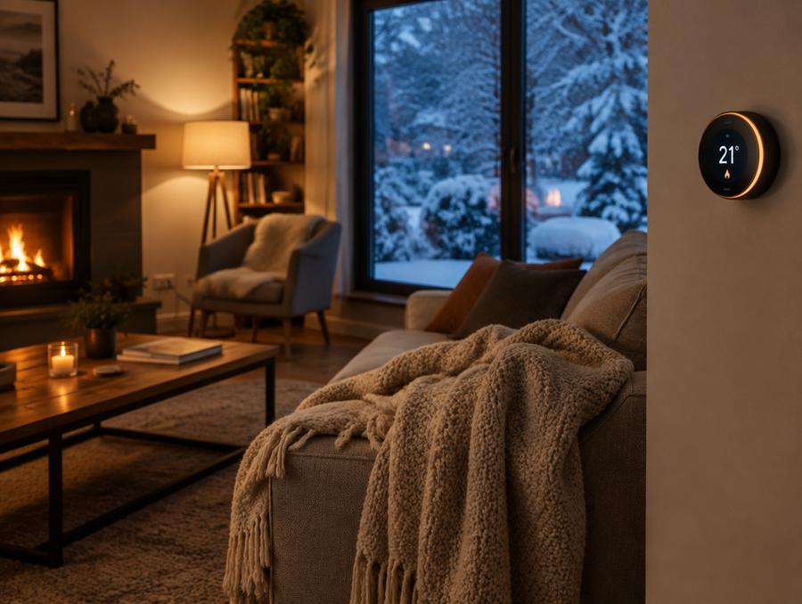 Warm living room on a snowy evening with the thermostat set to 21 degrees