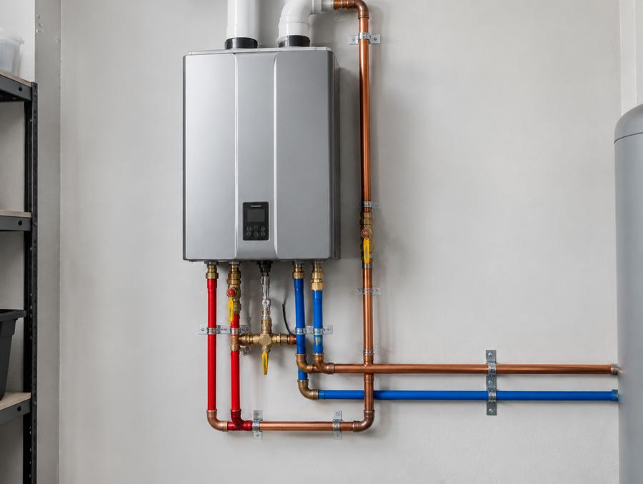 Tankless water heater with neat copper and PEX piping on a utility wall